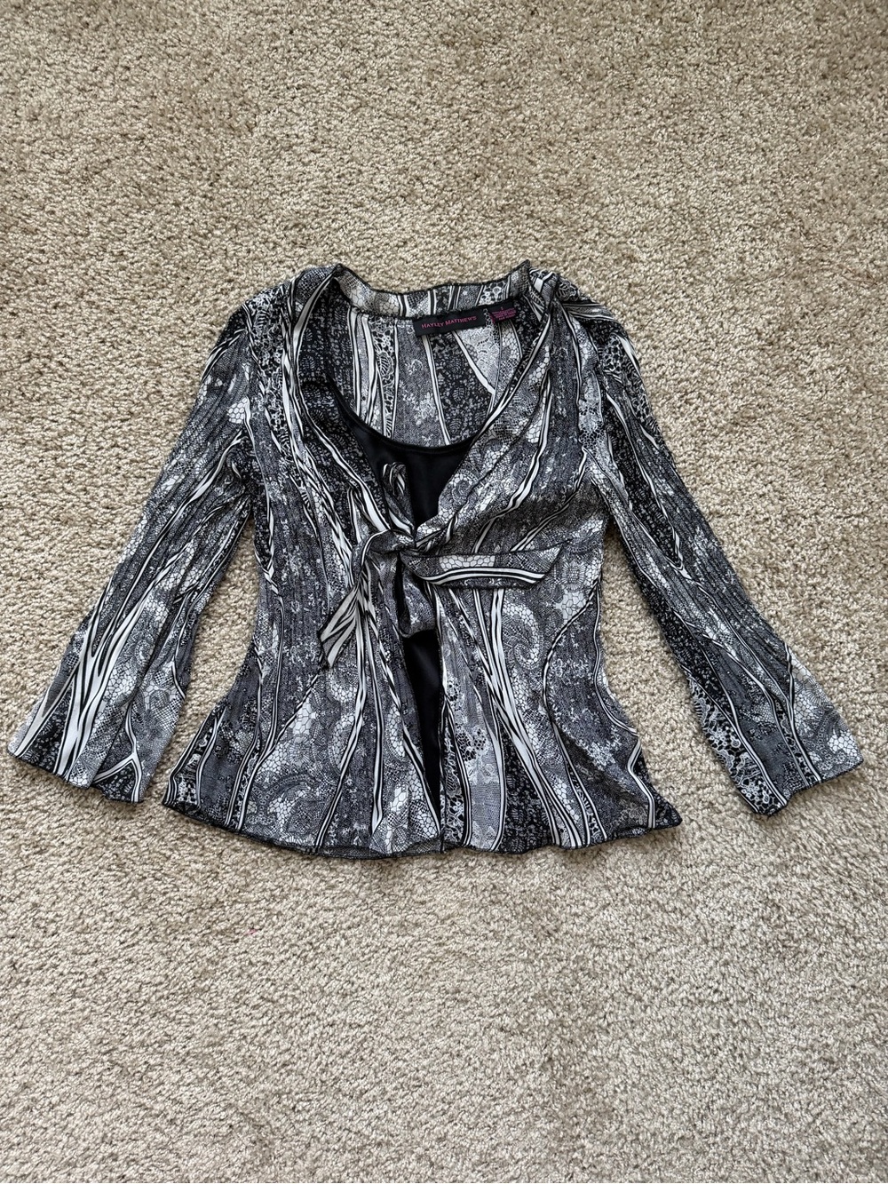 Hayley Matthews Y2K Coquette Mesh Top Black White Lace Print Tie Front Sz S
